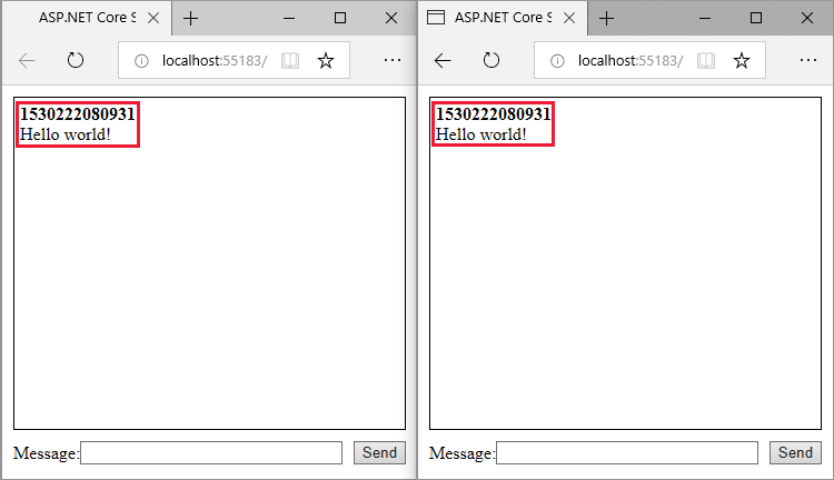 message displayed in both browser windows