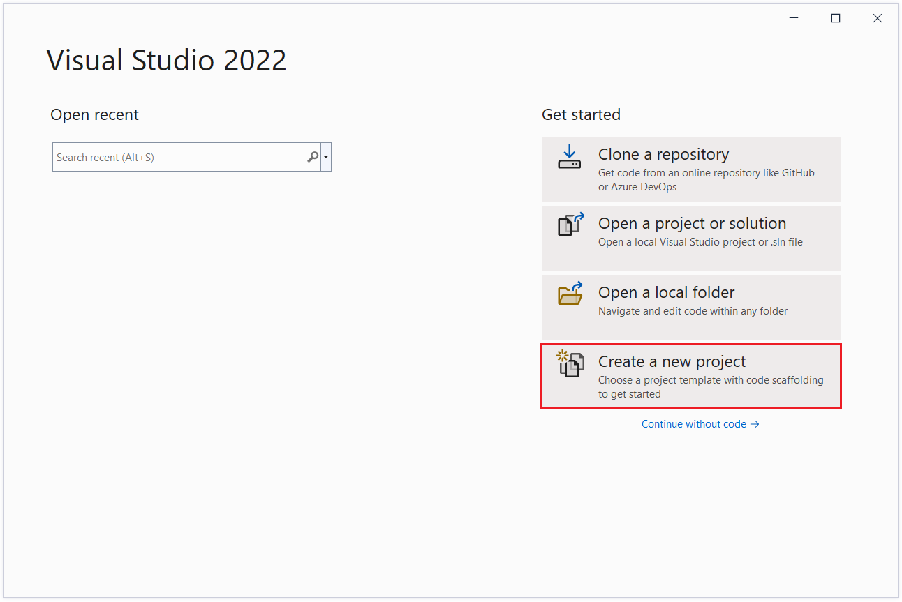 Create a new project from the start window