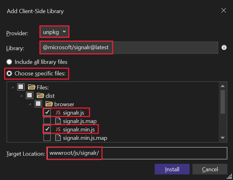 Add Client-Side Library dialog - select library