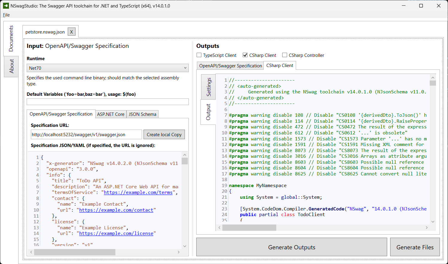 NSwag Studio imports the specification and exports a CSharp Client.