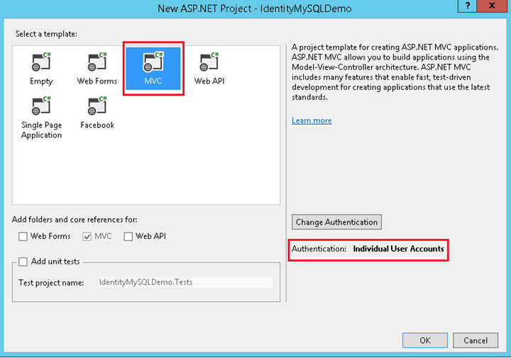 Image of the new A S P dot N E T project dialog window