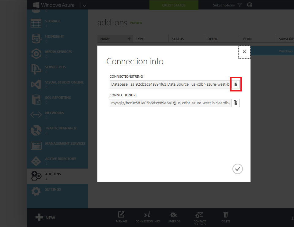 Screenshot of Connection info dialog with copy button highlighted at right of Connection String field.