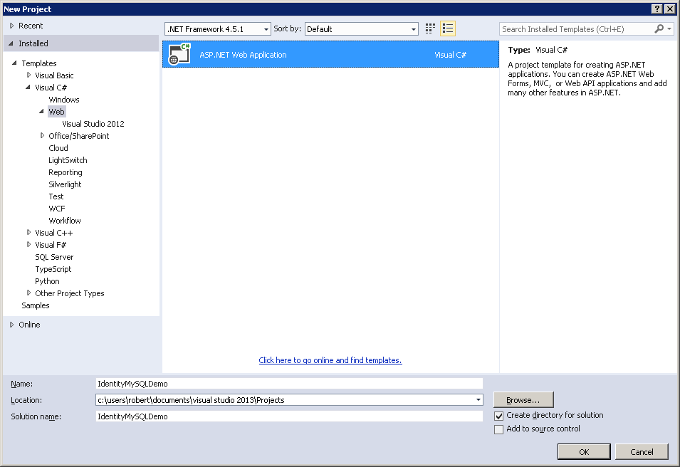 Screenshot of New Project dialog box, with Visual C hash mark expanded at left and Web highlighted. ASP dot NET Web Application selected at right with project name Identity My S Q L Demo in name field at bottom.