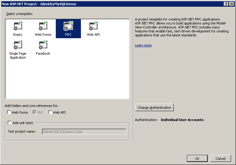 Screenshot of New A S P dot NET Project dialog, with M V C template selected and default options checked.