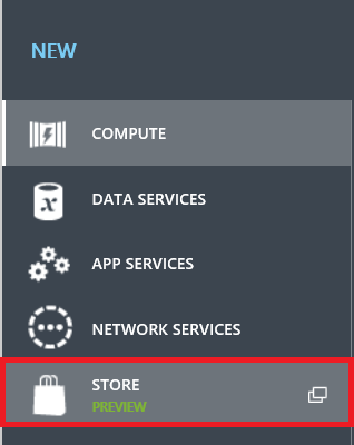 Screenshot of the Azure Portal menu with the Store menu item highlighted at bottom and outlined with a red rectangle.