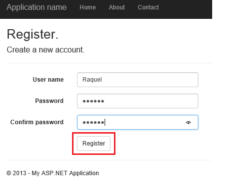 Screenshot of A S P dot NET registration dialog, with user name, password, and confirm password fields completed and Register button highlighted below.