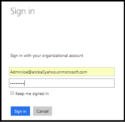 Screenshot of Sign in dialog, with fields for organizational account user name and password displayed.