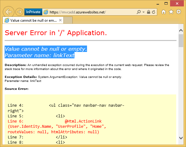 Screenshot of server error. Error message is highlighted, reading, Value cannot be null or empty. Parameter name colon link Text.