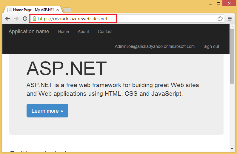 Screenshot of A S P dot NET site, with u r l of newly published website on Azure displayed in address bar.