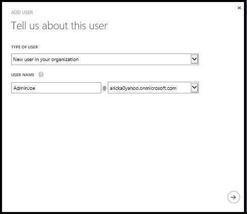 Screenshot of Add User dialog, with instruction "Tell us about this user". TYPE OF USER and USER NAME fields are displayed.