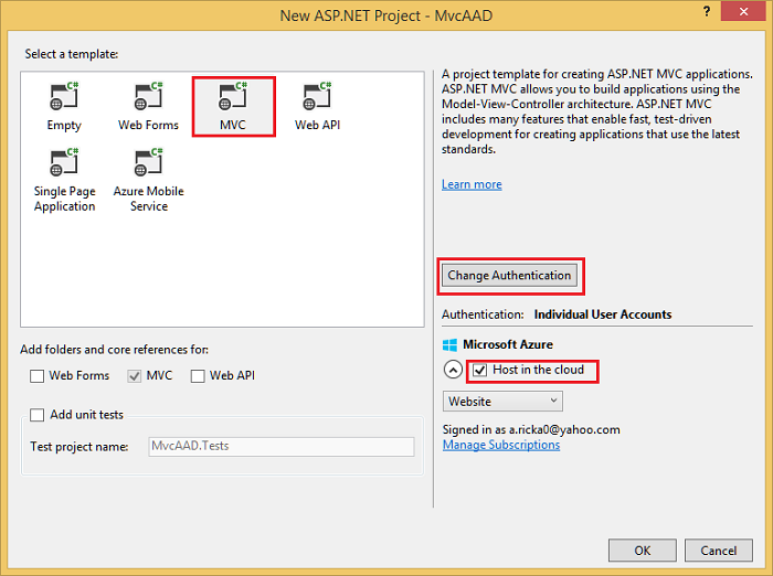 Screenshot of New A S P dot NET Project dialog, with M V C template selected, Change Authentication button outlined and Host in the cloud selected.