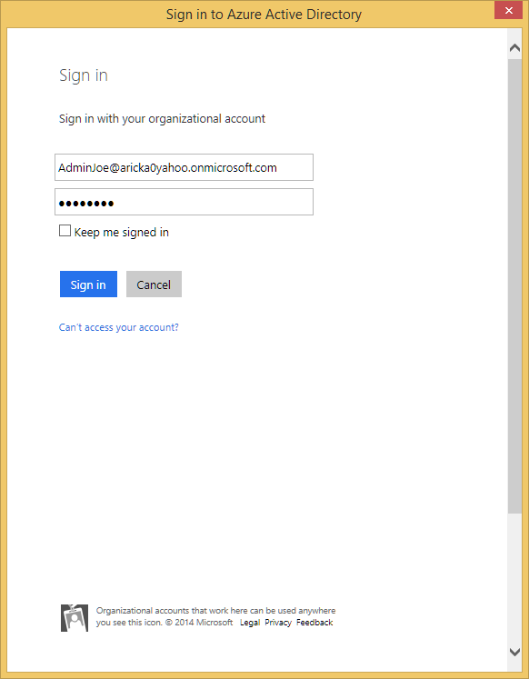 Screenshot of Sign in to Azure Active Directory dialog, with fields for Global Administrator account name and password displayed.