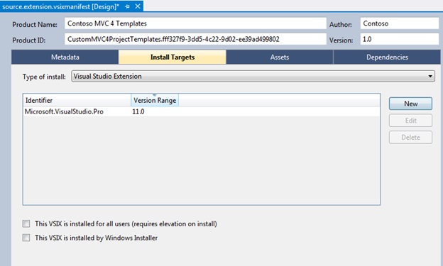 Screenshot shows the Install Targets tab of Project Designer.