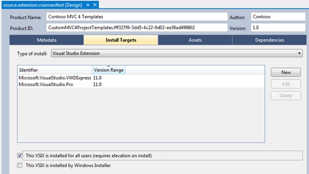 Screenshot shows the Install Targets tab of Project Designer with specified Identifiers and Version Ranges.