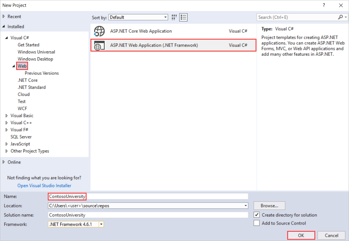 New Project dialog box in Visual Studio