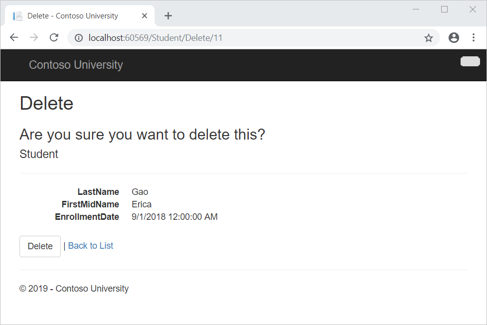 A screenshot ot the student delete page.