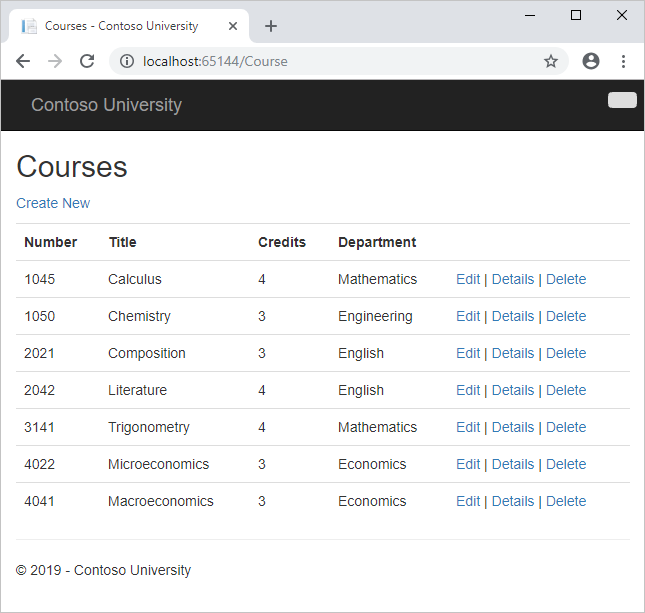 Screenshot that shows the Courses page with a list of courses.