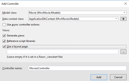 Screenshot that shows the Add Controller dialog with class and name data inputted.