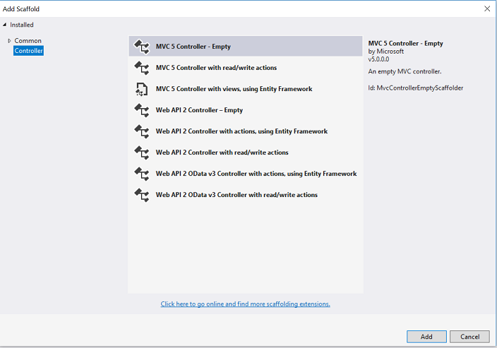 Screenshot that shows the Add Scaffold dialog box. M V C 5 Controller Empty is selected.