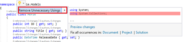 Screenshot that shows the Show potential fixes menu. Remove Unnecessary Usings is selected.