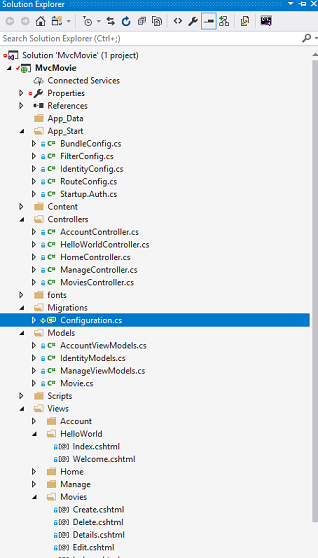 Screenshot that shows the Solution Explorer. The Configuration dot c s subfolder of the Migrations folder is selected.