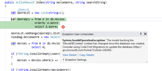 Screenshot that shows an Exception User Unhandled Error.
