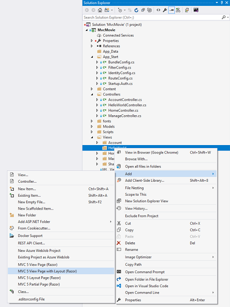 Screenshot that shows the Solution Explorer window. The Hello World right click menu and Add submenu are open and M V C 5 View Page with Layout Razor is selected.