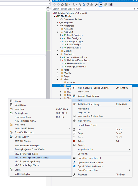 Screenshot that shows the Solution Explorer window. The Hello World right click menu and Add submenu are open. M V C 5 View Page with Layout Razor is selected.