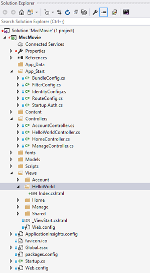 Screenshot that shows the Solution Explorer window. The Views folder and Hello World subfolder are open.