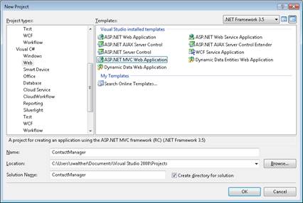 Screenshot shows the New Project dialog box with ASP dot NET MVC Web Application selected.