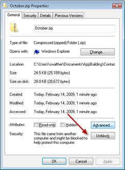 Screenshot shows unblocking a file downloaded from the web.