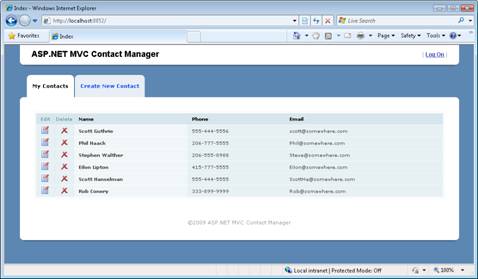 Screenshot shows the ASP dot NET MVC Contact Manager Design.