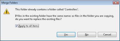 Screenshot shows overwriting files in the Solution Explorer.