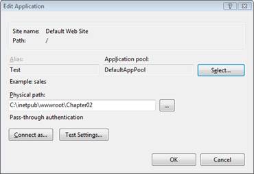Screenshot of the Edit Application dialog box, which shows that IIS is configured to run the application in integrated request processing mode.