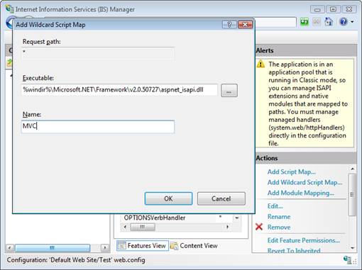 Screenshot of the Internet Information Services Manager 7 point 0 window, which shows the Add Wildcard Script Map dialog box.