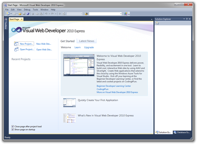 Screenshot of the Microsoft Visual Web Developer 2010 Express window, which shows the Start Page.