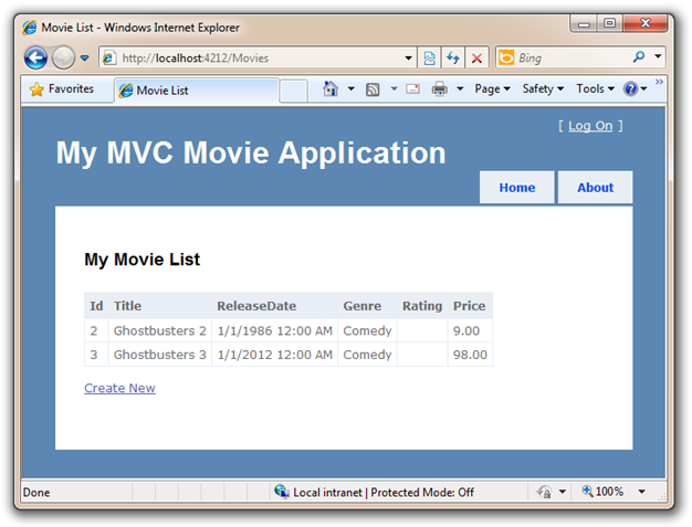 Screenshot of the Internet Explorer browser window, which shows the My Movie List with the Edit, Details, and Delete links removed.
