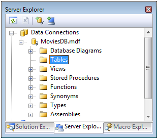 Screenshot of the Server Explorer window, which shows that the Tables folder is highlighted in the folder hierarchy.