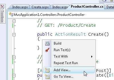 Screenshot of the Product Controller dot c s file in the code editor, which shows the right-click menu with the highlighted Add View menu item.