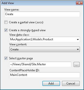 Screenshot of the Add View dialog box, which shows that the Create a strongly-typed view checkbox is filled.