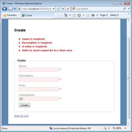 Screenshot of the Internet Explorer window, which shows the Create view with error messages resulting from fields filled with invalid values.