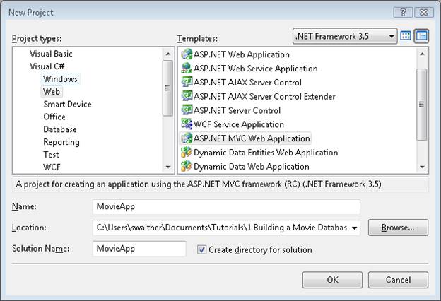 Screenshot of the New Project dialog, which shows the ASP dot Net MVC Web Application template is selected and Movie App in the Name field.