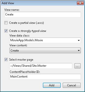 Screenshot of Add View box for the View name, Create, which shows Create a strongly typed view and Select master page entries selected.