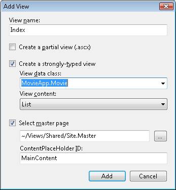 Screenshot of Add View box, which is showing the View name, Index, and shows Create a strongly typed view and Select master page entries selected.