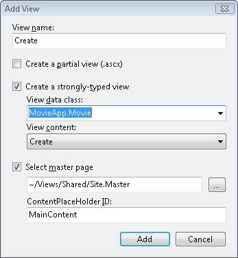 Screenshot of Add View box for the View name, Create, which is showing Create a strongly typed view and Select master page entries selected.