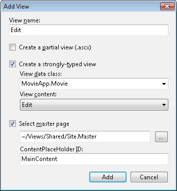Screenshot of Add View box for the View name, Edit, which is showing Create a strongly typed view and Select master page entries selected.