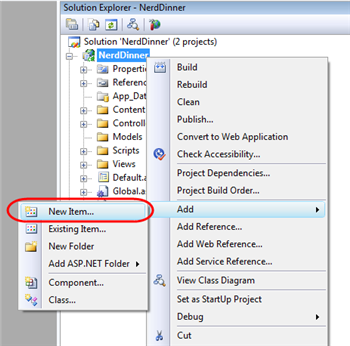 Screenshot of the Solution Explorer dialog. Add is selected and New Item is highlighted.