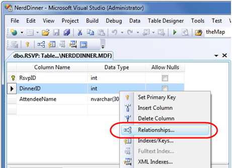 Screenshot of the Dinner I D menu items. Relationships is highlighted.