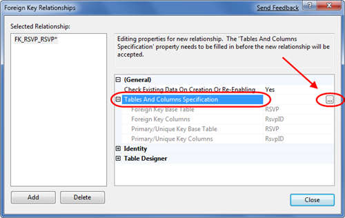 Screenshot of the Foreign Key Relationships dialog box. Tables and Columns Specifications is highlighted. An arrow is pointing to the elipses button to the right of it.