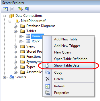 Screenshot of Server Explorer. Show Table Data is highlighted.